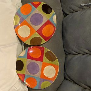 2006 Pier 1 Urban Dot Earthenware Hand Painted-2 Salad/Dessert Plates-8.5"D-EUC